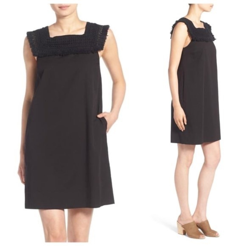 Madewell Sundream Black Fringe Shift Dress With Pockets Size 12 Square Neckline